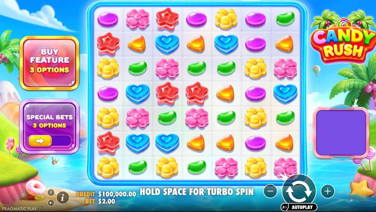 Tampilan visual permainan slot Candy Rush dengan simbol permen warna-warni.