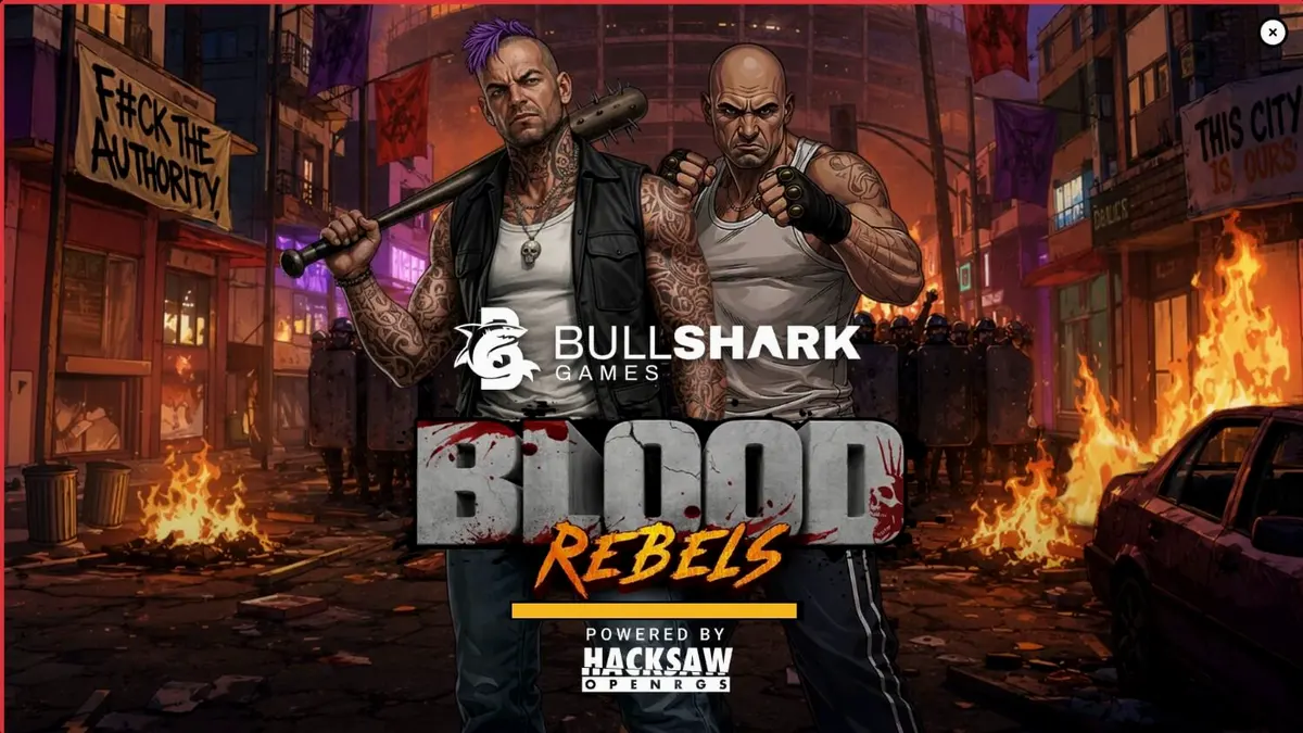 Tampilan visual slot Blood Rebels dengan tema urban dan simbol senjata