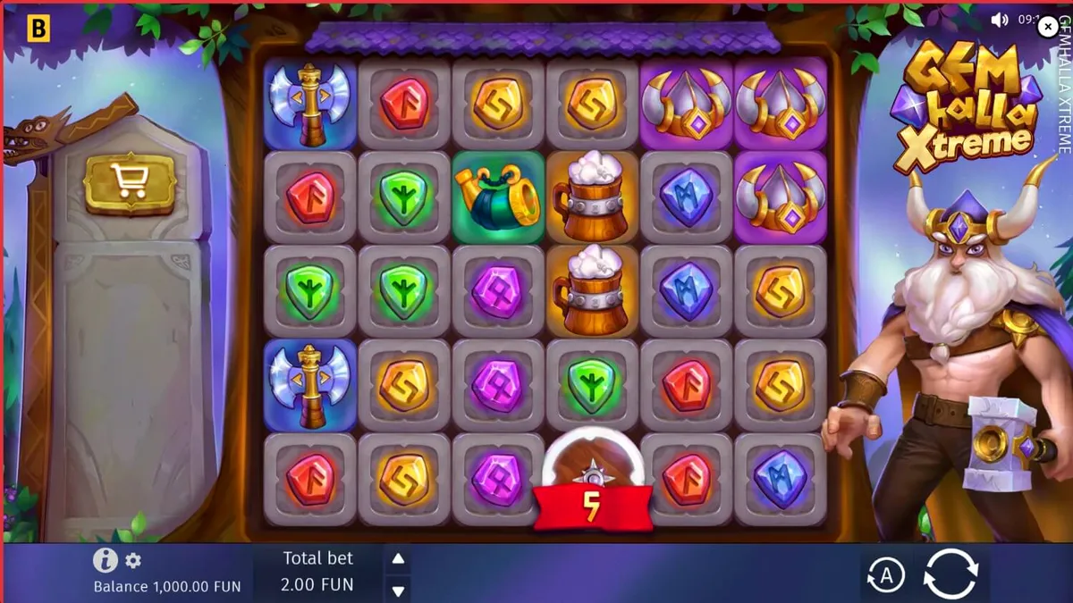 Thor berdiri dengan Mjolnir di latar belakang slot Gemhalla Xtreme yang penuh petir