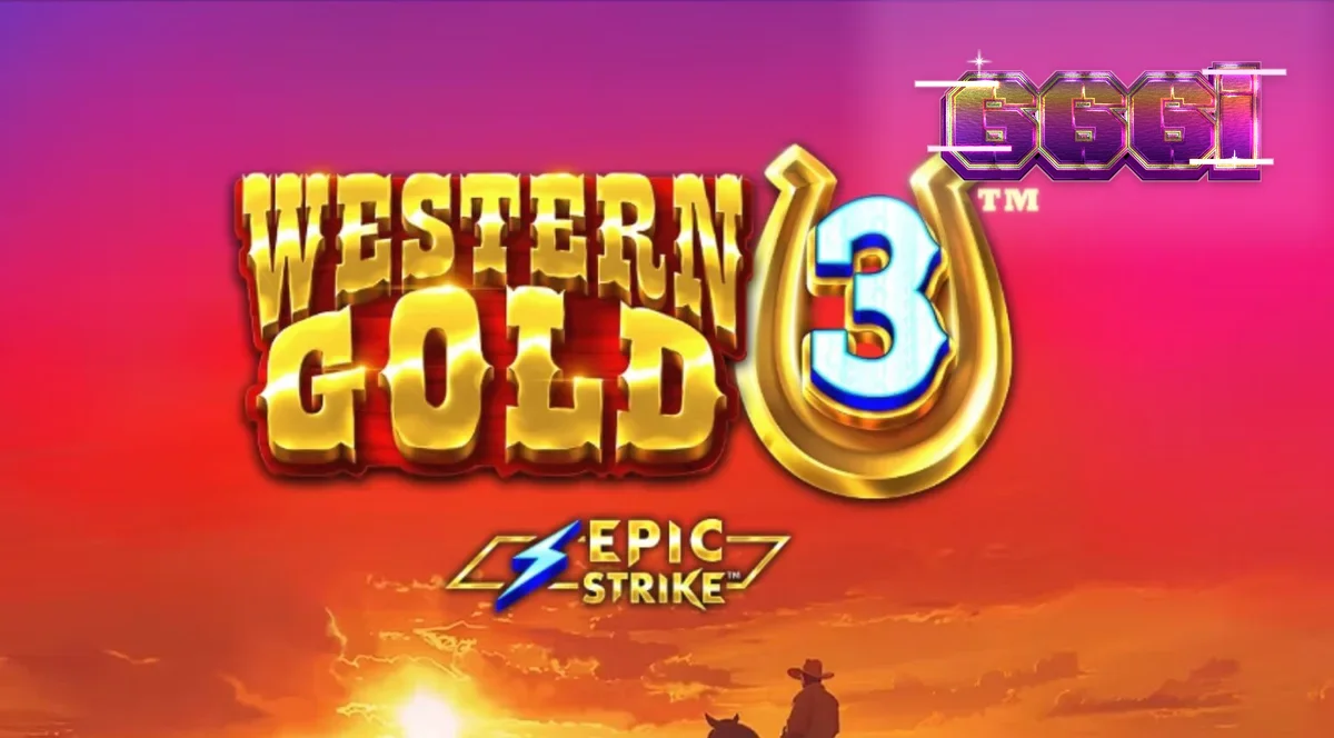 Tampilan visual mesin slot Western Gold 3 dengan latar belakang ngarai dan simbol koboi.